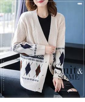 QD- MJ 针织衫女针织混纺开衫秋冬厚毛衣洋气印花