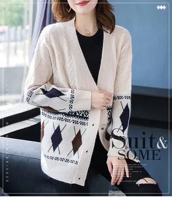 QD- MJ 针织衫女针织混纺开衫秋冬厚毛衣洋气印花 商品图0