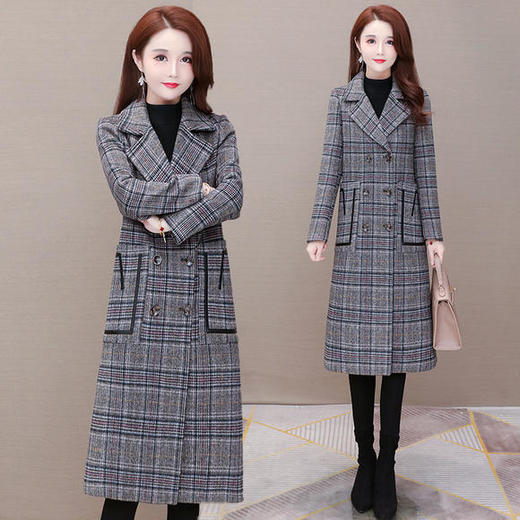 YWE-KLLC030加厚保暖格子毛呢外套女中长款大衣 商品图0