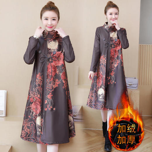 AHM-dxdm8443新款优雅气质宽松高领长袖加绒加厚中长款印花连衣裙 商品图1