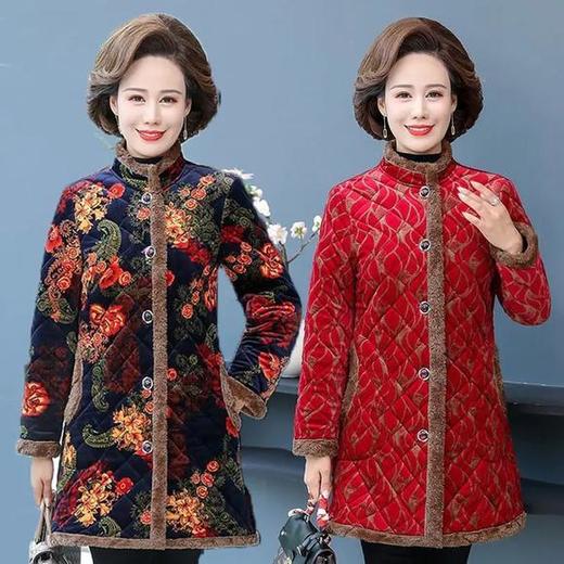 W-147新款中老年女加绒棉袄加肥加大码中长款奶奶棉袄 商品图0