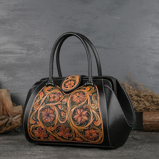 ZLPJ9881新款复古个性头层牛皮压花手提单肩包 商品图2