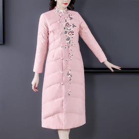 QNY-8920冬季新款重工刺绣长袖盘扣中长款棉服