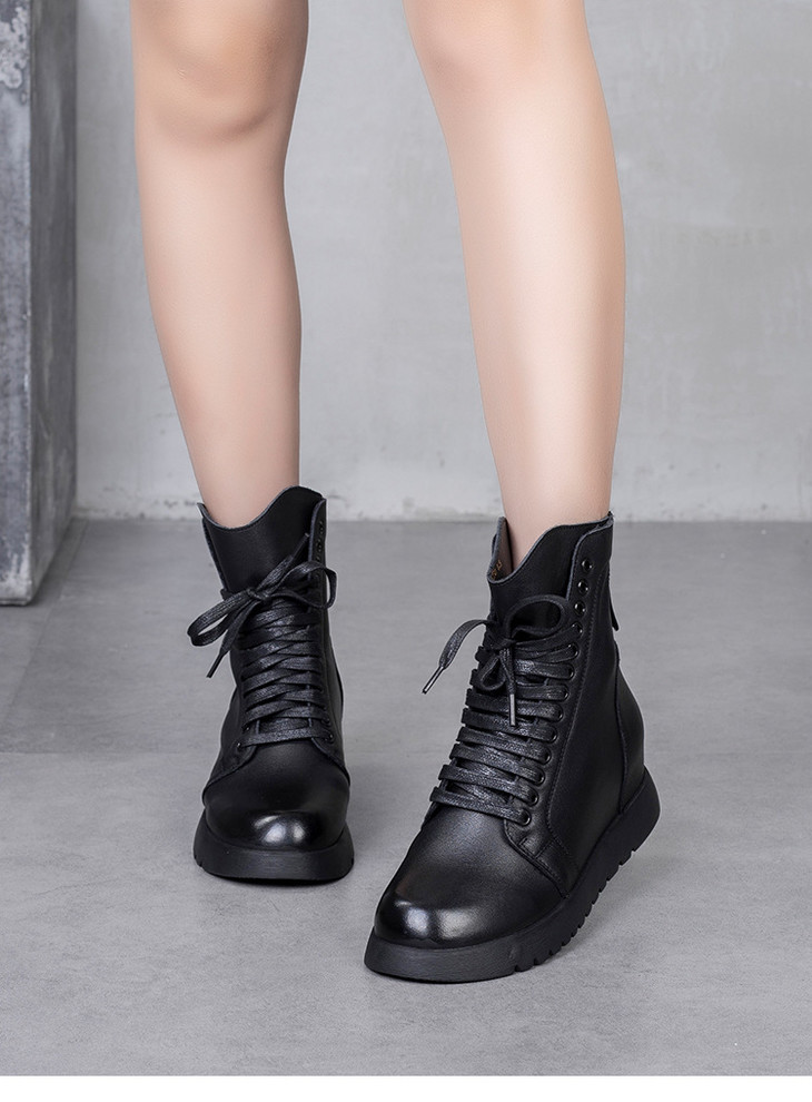 t656619马丁靴女真皮女靴子圆头2020秋冬新款头层牛皮平底内增休闲短