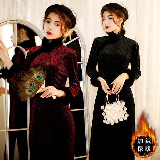HQ-JYC-056加绒加厚绣花毛领优雅气质改良旗袍复古中国风连衣裙 商品图0