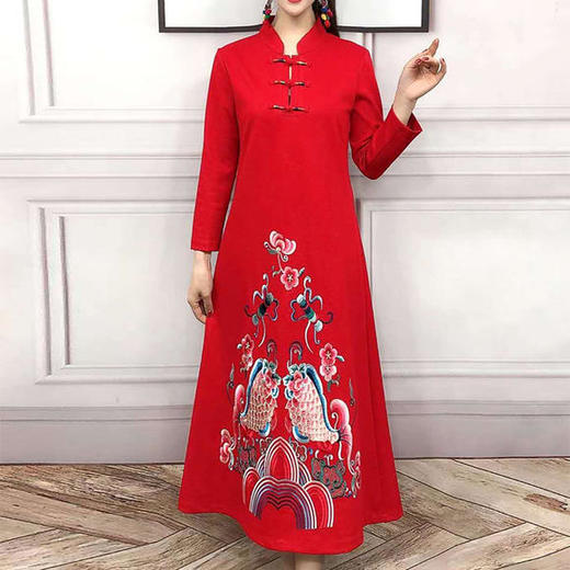JBL-8806秋冬大码修身复古民族风精美刺绣连衣裙 商品图3