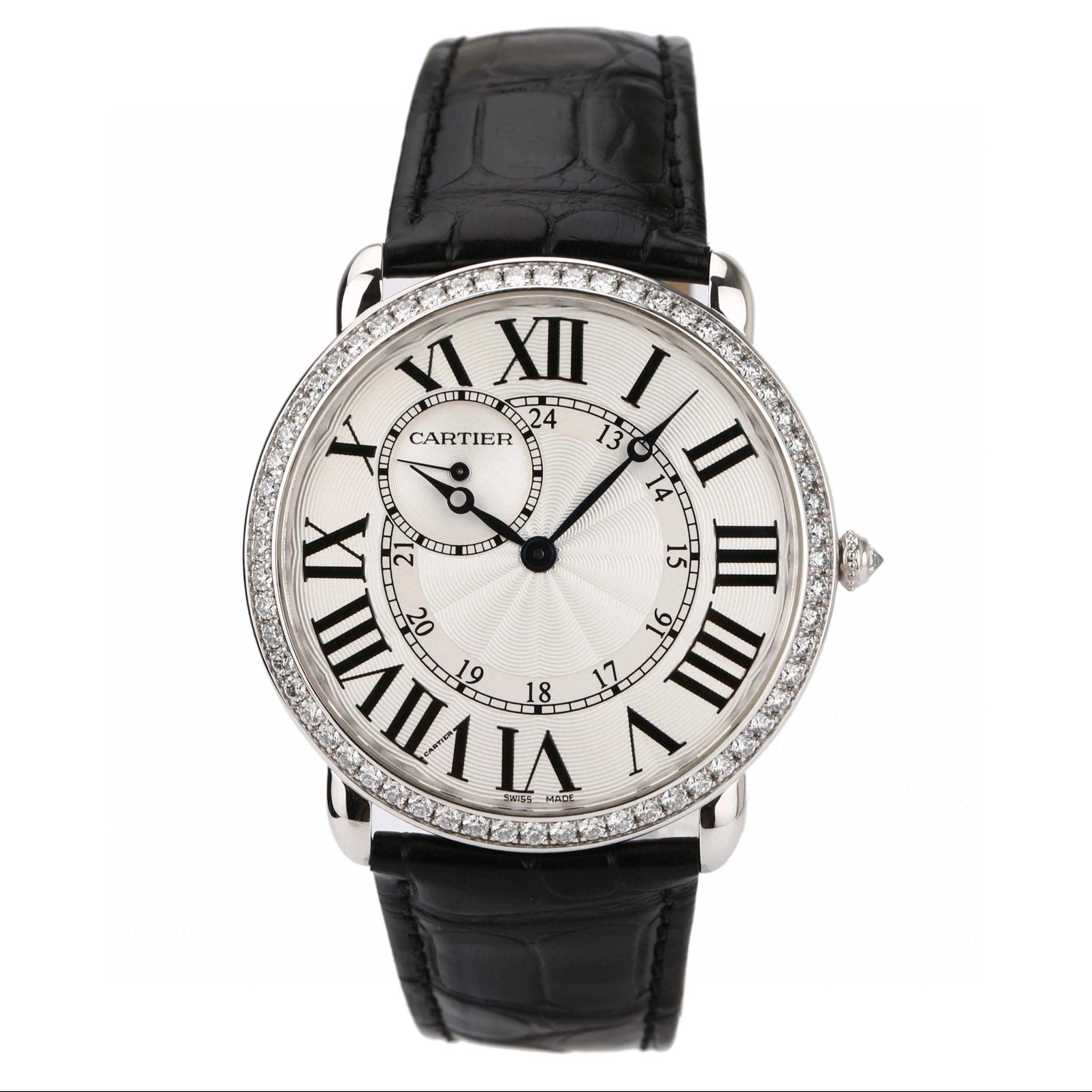 【九九新卡地亚ronde de cartier系列18k白金原镶钻手动机械男表】