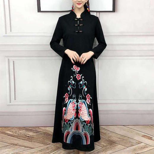 JBL-8806秋冬大码修身复古民族风精美刺绣连衣裙 商品图2
