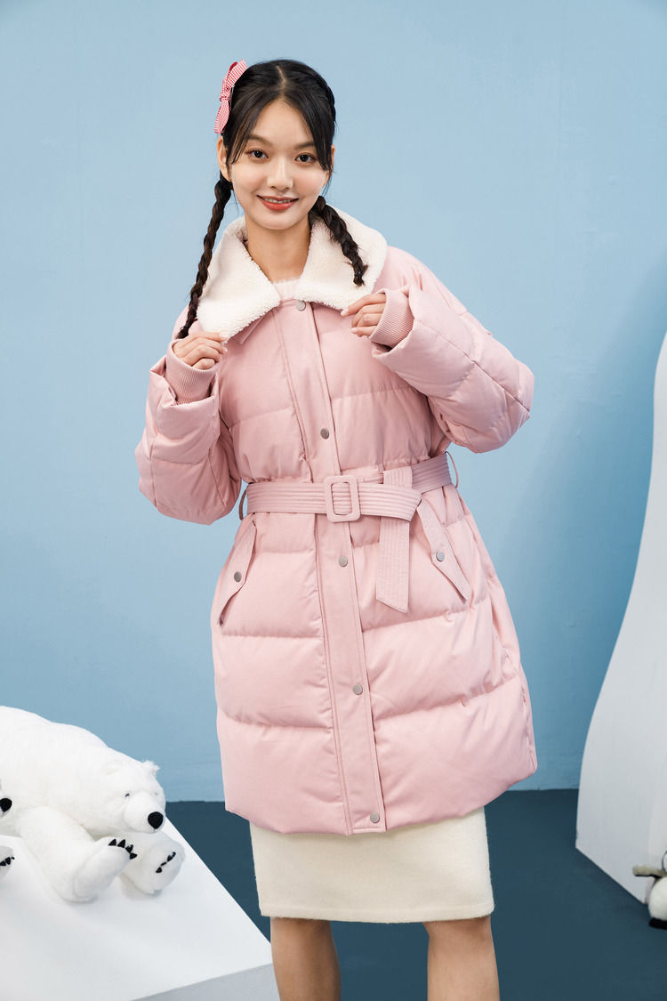 茵曼2020冬装新款毛绒领温暖显瘦腰带中款羽绒服外套