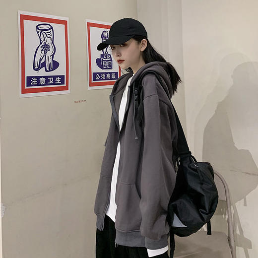 秋冬韩版ins原宿风加绒加厚宽松纯色百搭休闲连帽卫衣开衫外套女 商品图2