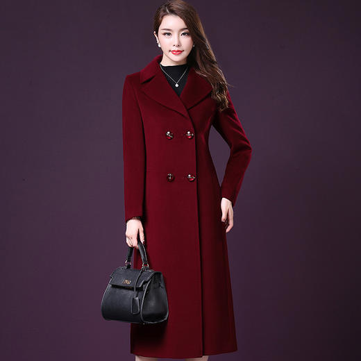 MQFS-613加长款毛呢外套秋冬新款双排扣修身显瘦过膝羊毛绒呢子大衣 商品图3