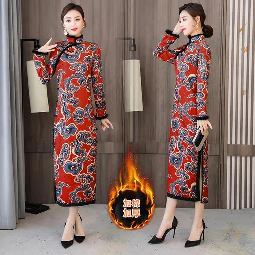 HT-N-B29-2351新款优雅气质修身立领长袖加厚夹棉保暖印花长款旗袍裙 商品图0