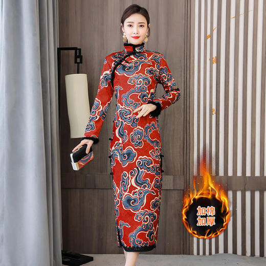 HT-N-B29-2351秋冬新款修身显瘦夹棉印花旗袍裙 商品图2