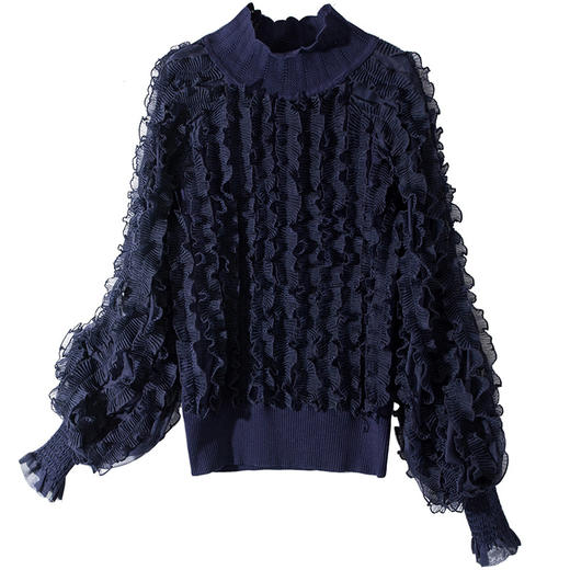 YLYM-M6283女装新款半高领褶皱木耳边灯笼袖显瘦气质针织衫 商品图4