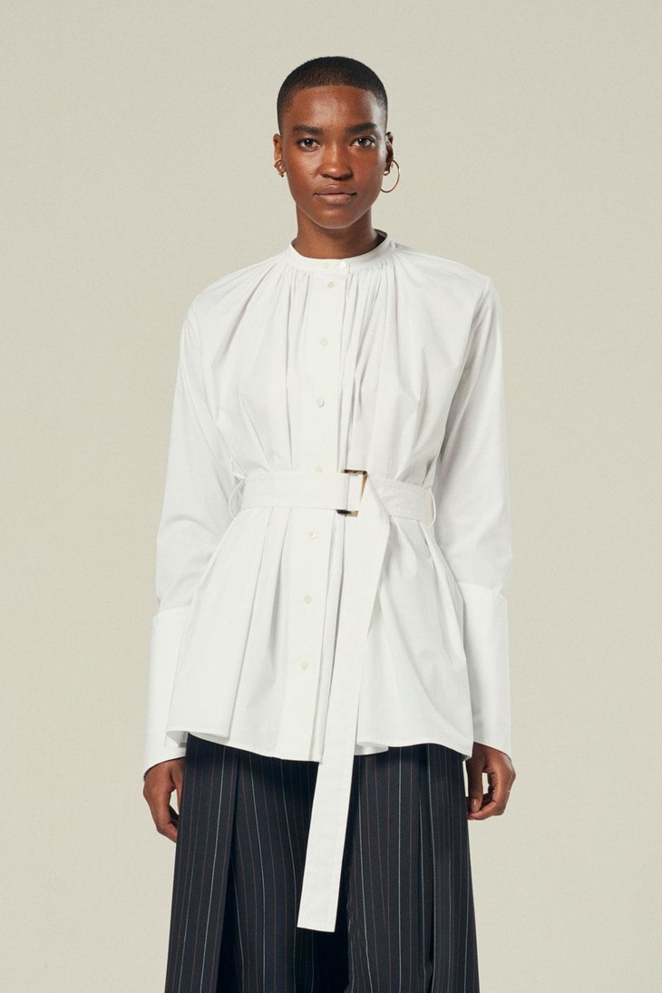 palmerharding白色立领风琴褶腰带衬衫