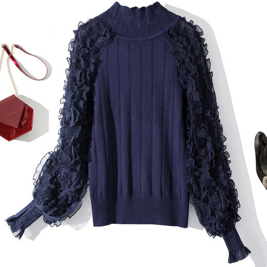 YLYM-M6283女装新款半高领褶皱木耳边灯笼袖显瘦气质针织衫 商品图1