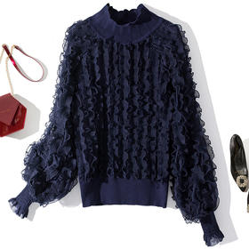 YLYM-M6283女装新款半高领褶皱木耳边灯笼袖显瘦气质针织衫