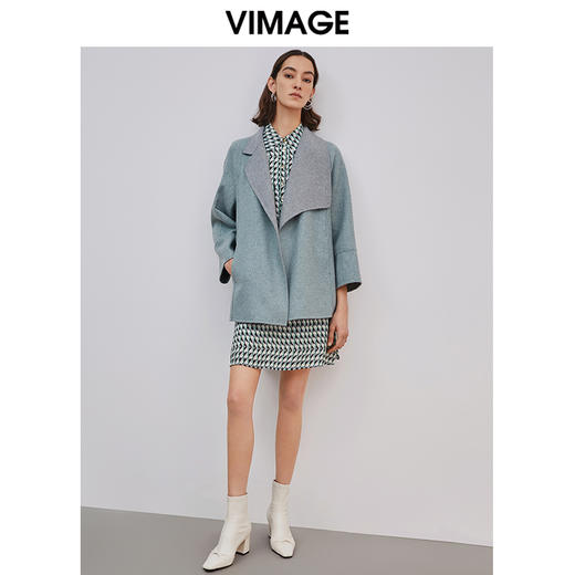 VIMAGE纬漫纪品牌女装冬款不对称翻领收腰羊毛呢大衣外套V1414019D 商品图2