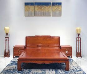 红桥红  家具严选  缅甸花梨（大果紫檀）  【180 如意素面大脚 高低床 三件套】