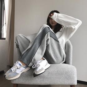 加绒加厚灰色运动裤宽松束脚秋冬高腰直筒阔腿休闲卫裤子显瘦ins
