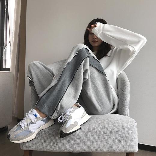 加绒加厚灰色运动裤宽松束脚秋冬高腰直筒阔腿休闲卫裤子显瘦ins 商品图0