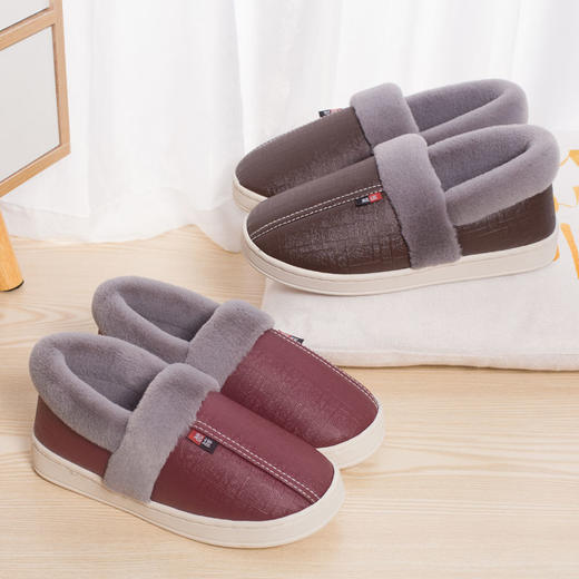 新款棉拖鞋女冬加绒情侣防水pu皮简约家居保暖月子外穿包跟鞋子男