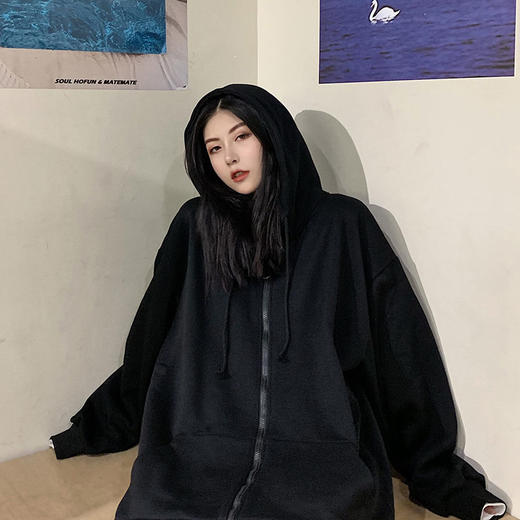 秋冬韩版ins原宿风加绒加厚宽松纯色百搭休闲连帽卫衣开衫外套女 商品图3