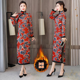 HT-N-B29-2351秋冬新款修身显瘦夹棉印花旗袍裙