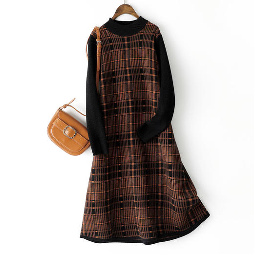 《ihimi#冬季新品》复古撞色拼接格子针织女款拼接格子连衣裙