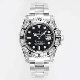 ROF劳li士SUB潜航者后镶钻定制版！每一颗钻石/彩宝均来自奥地利（施华洛世奇原产地）精钢表带，密底，男士腕表，自动机械机芯