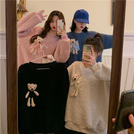 2020新款秋冬小熊仿羊羔毛可爱套头宽松加绒加厚女学生外套上衣 商品图3