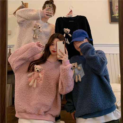 2020新款秋冬小熊仿羊羔毛可爱套头宽松加绒加厚女学生外套上衣 商品图2