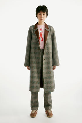 没边 双色格子裤子 灰色格子/咖啡色