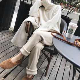 YJ-秋冬羊毛羊绒裤女宽松休闲阔腿裤高腰针织裤子人字纹毛呢外穿长裤