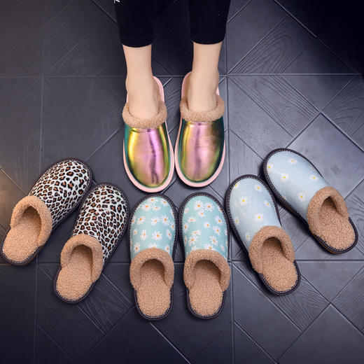 丁摩 炫彩羊皮面秋冬季加绒保暖棉拖鞋 商品图2