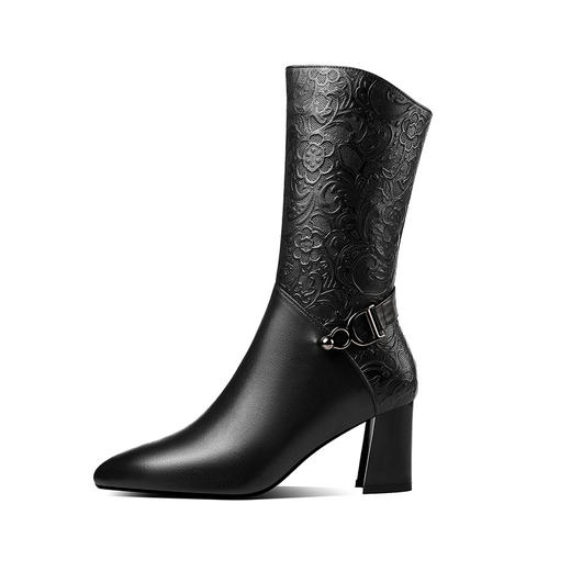 OLD-F861-3粗跟高跟尖头大码牛皮中筒靴女骑士靴加绒保暖单里 商品图4