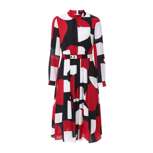 EITIE爱特爱春季新款气质半高领时尚几何撞色印花收腰连衣裙6107801 商品图5