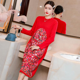MY-201秋冬弹力宽松复古碎花刺绣中国风改良旗袍A字裙妮子连衣裙