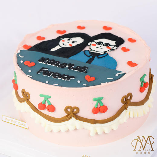 3490手绘情侣纪念日蛋糕粉底情侣女生男生老婆老公