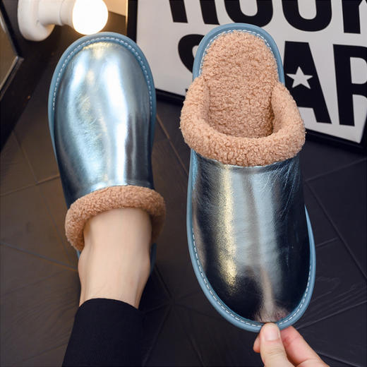 丁摩 炫彩羊皮面秋冬季加绒保暖棉拖鞋 商品图3