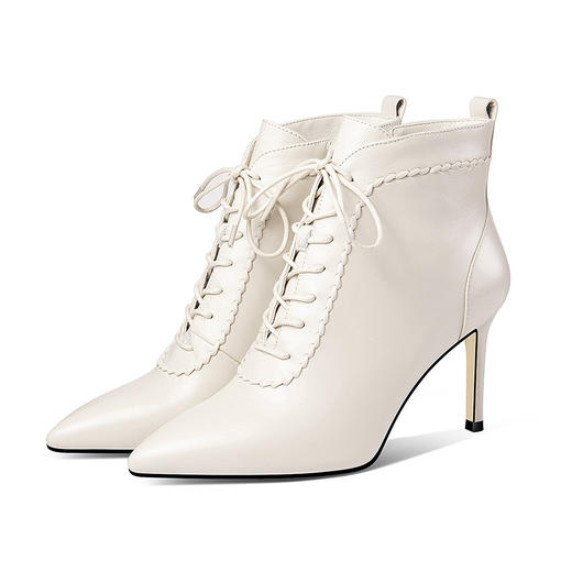 MDE-Q1951678新款真皮女靴子尖头细高跟皮靴系带时装短靴 商品图3