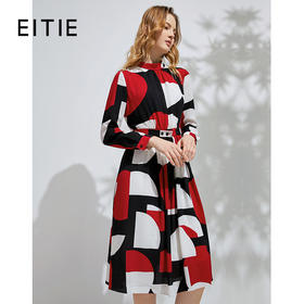 EITIE爱特爱春季新款气质半高领时尚几何撞色印花收腰连衣裙6107801