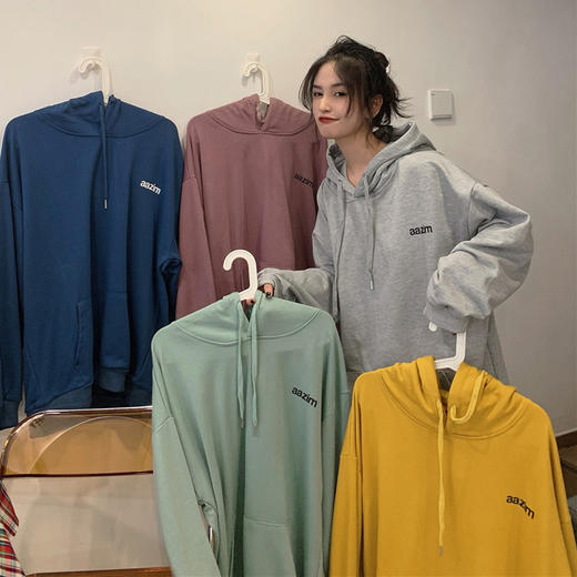 百搭长袖纯色卫衣女韩版新款秋季百搭宽松连帽学生休闲简约上衣潮 商品图0