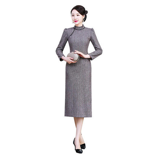 ry2秋季新款灰色绣花高领中长旗袍