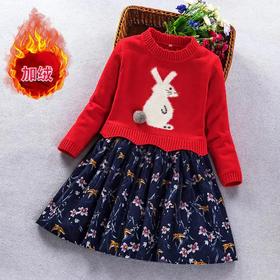 ALBL2038新款儿童时尚洋气加绒保暖针织拼接印花连衣裙【童装】