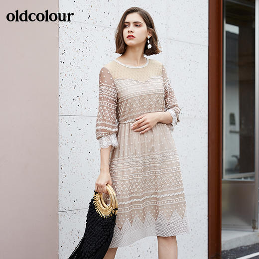 oldcolour夏季时尚圆领收腰复古宫廷风中袖连衣裙M13102458 商品图0