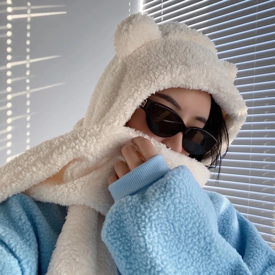 对比了无数终于选了你质量超好jennie同款可爱小熊围巾帽保暖羊羔绒