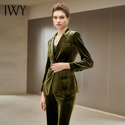 IWY/金丝绒橄榄绿长袖西装微喇长裤套装204012C1P3 商品图2