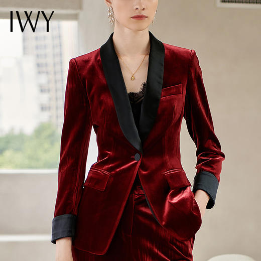 IWY/金丝绒酒红色长袖西装微喇长裤套装204015C1P3 商品图2