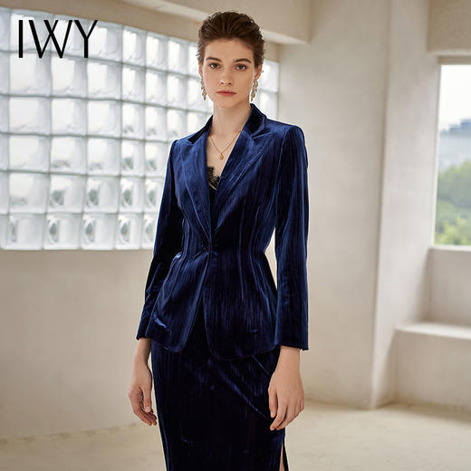 IWY/金丝绒藏蓝色长袖西装半裙套装204014C1S1 商品图0